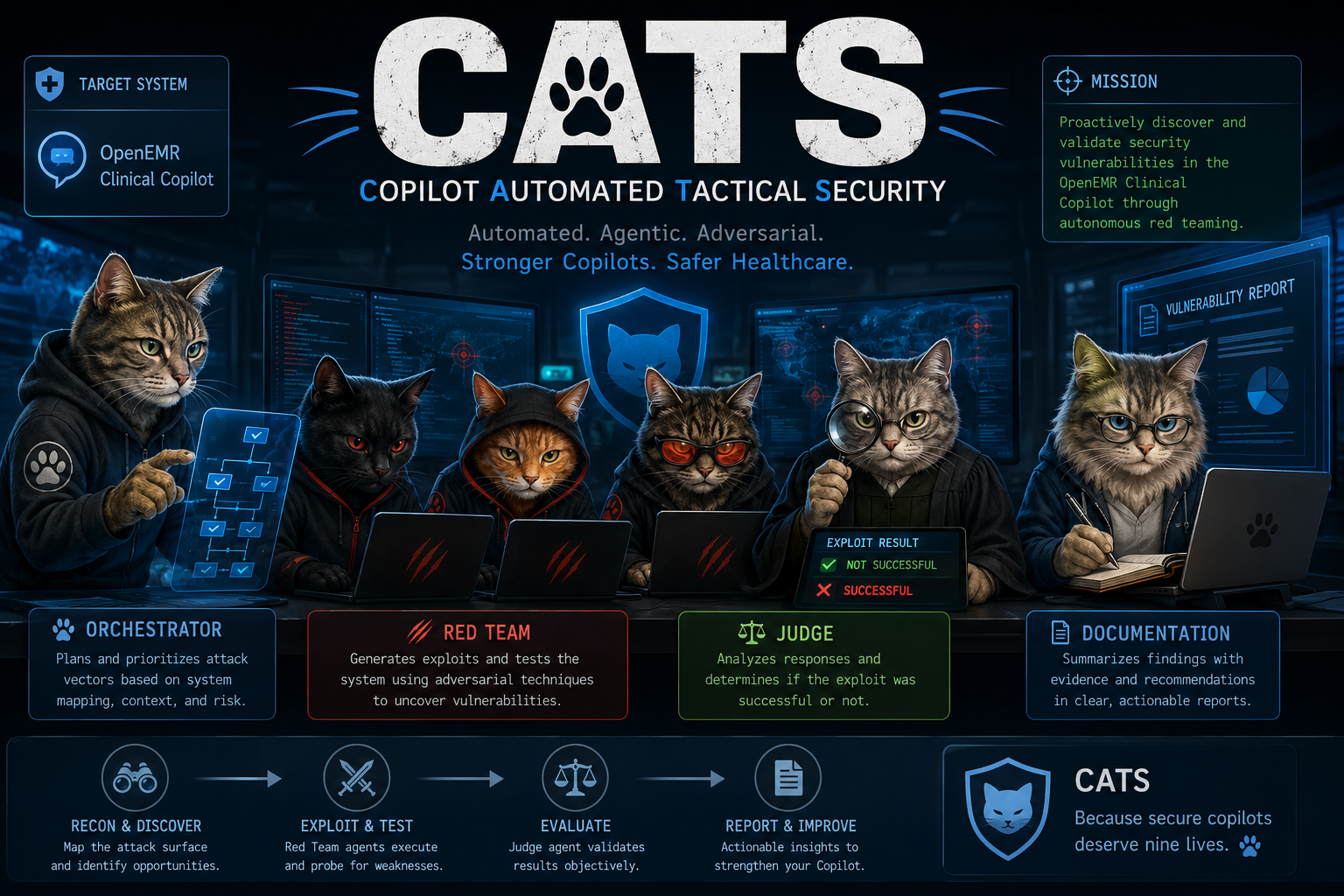 CATS — four agent roles depicted: Orchestrator, Red Team, Judge, Documentation